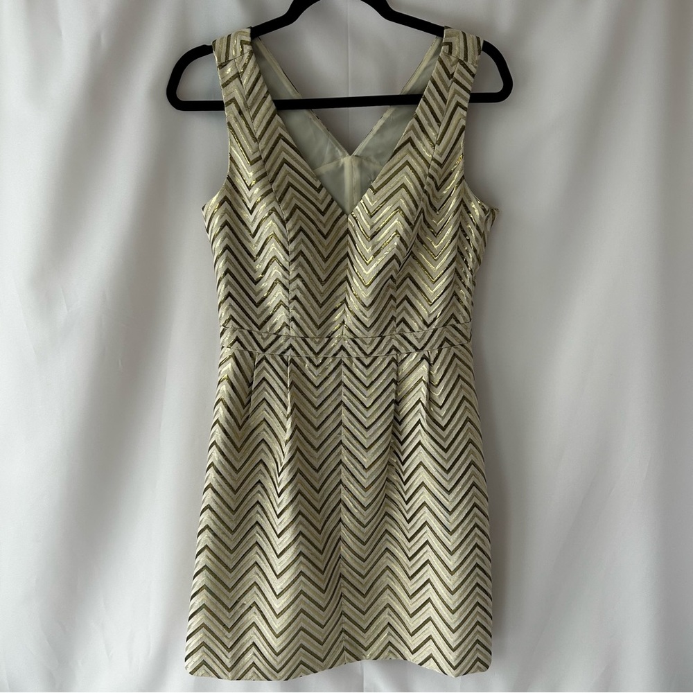 J Crew Women’s Gold and Beige Chevron Patterned Sleeveless Dress